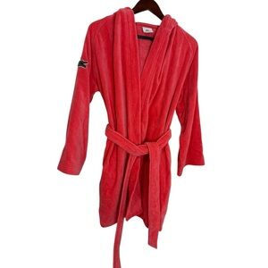 Lacoste Coral Pink Terry Cloth Hooded Robe Belted Logo Sleeve